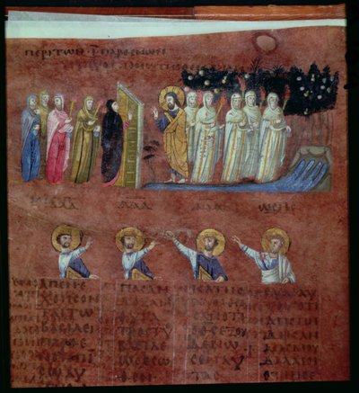 Ms EAB 644 Die klugen und törichten Jungfrauen, aus dem Codex Purpureus von Byzantine School